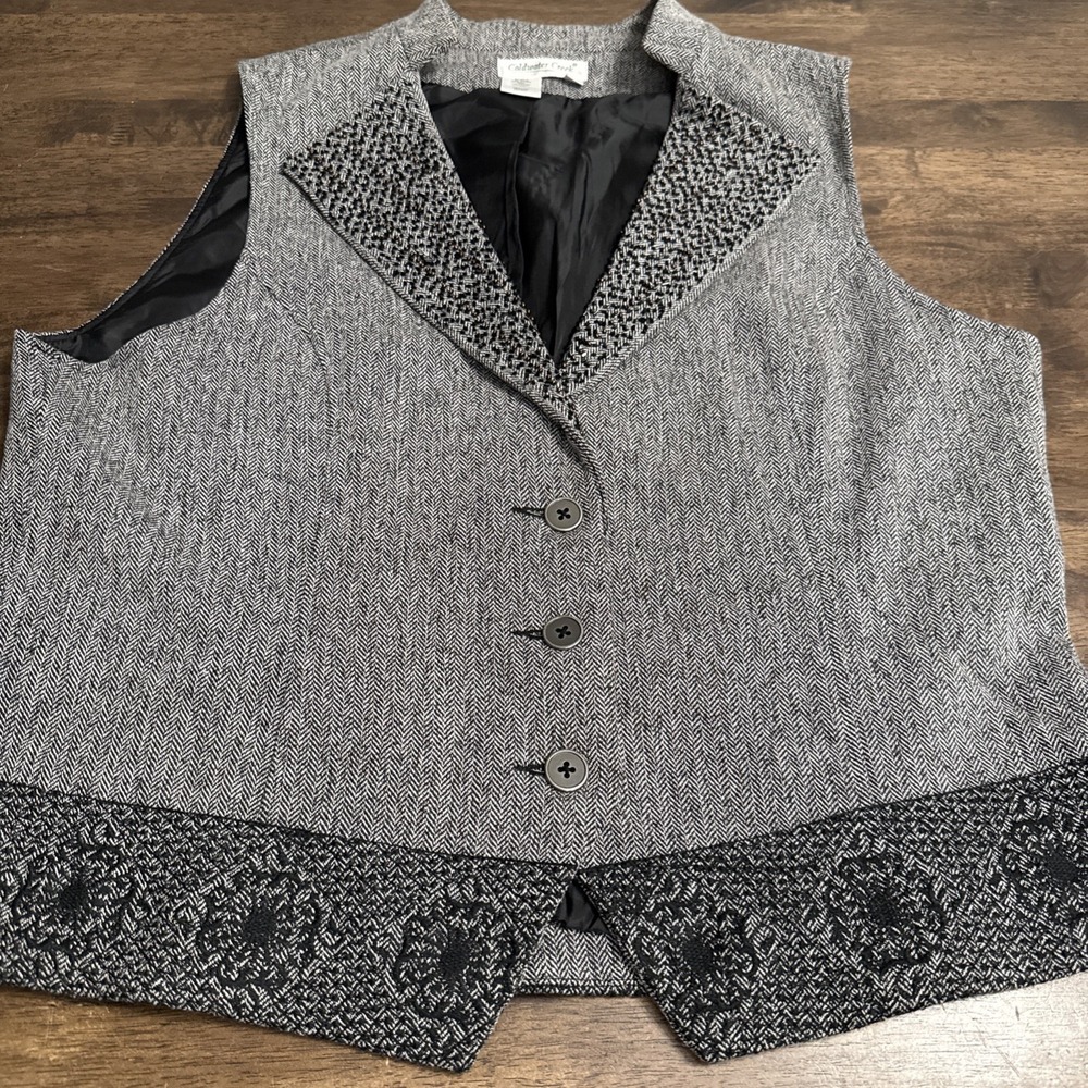 Coldwater Creek Black Herringbone Button Up Vest Embellished Lapels Sz L Lined